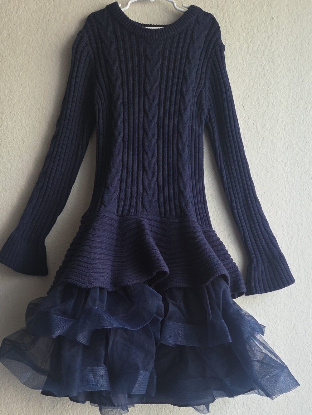Bonnie Jean Navy Cable Knit Skirt with Tulle Trim